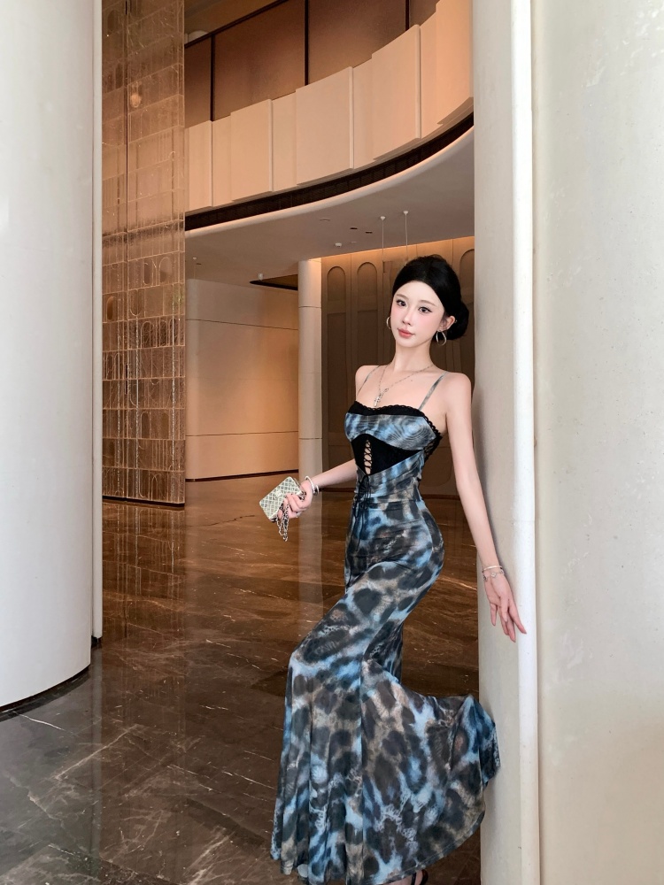 Bandage mermaid dress package hip leopard long dress