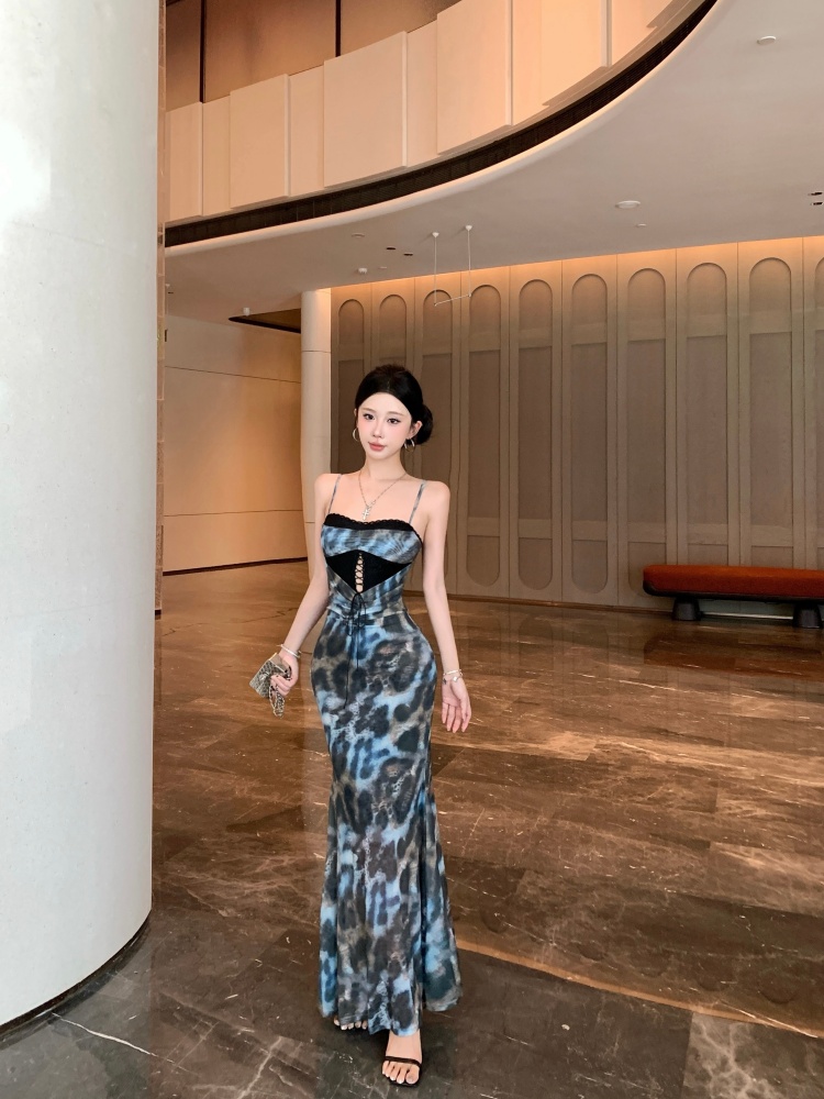 Bandage mermaid dress package hip leopard long dress