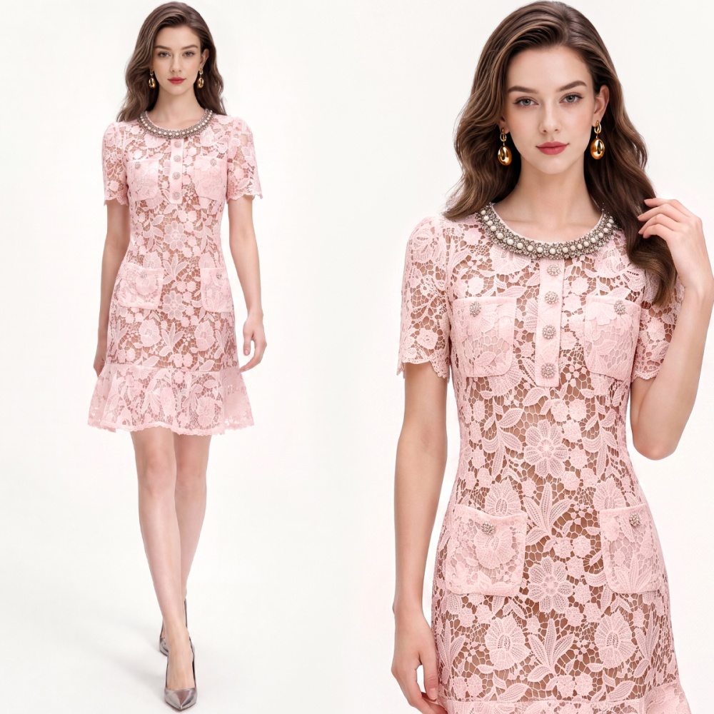 Beading slim light luxury lotus leaf edges dress for women