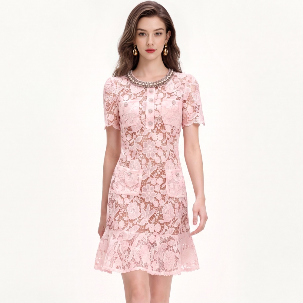 Beading slim light luxury lotus leaf edges dress for women