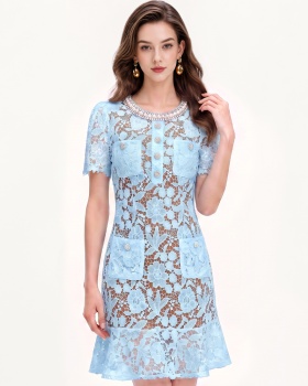 Round neck light luxury lotus leaf edges dress for women