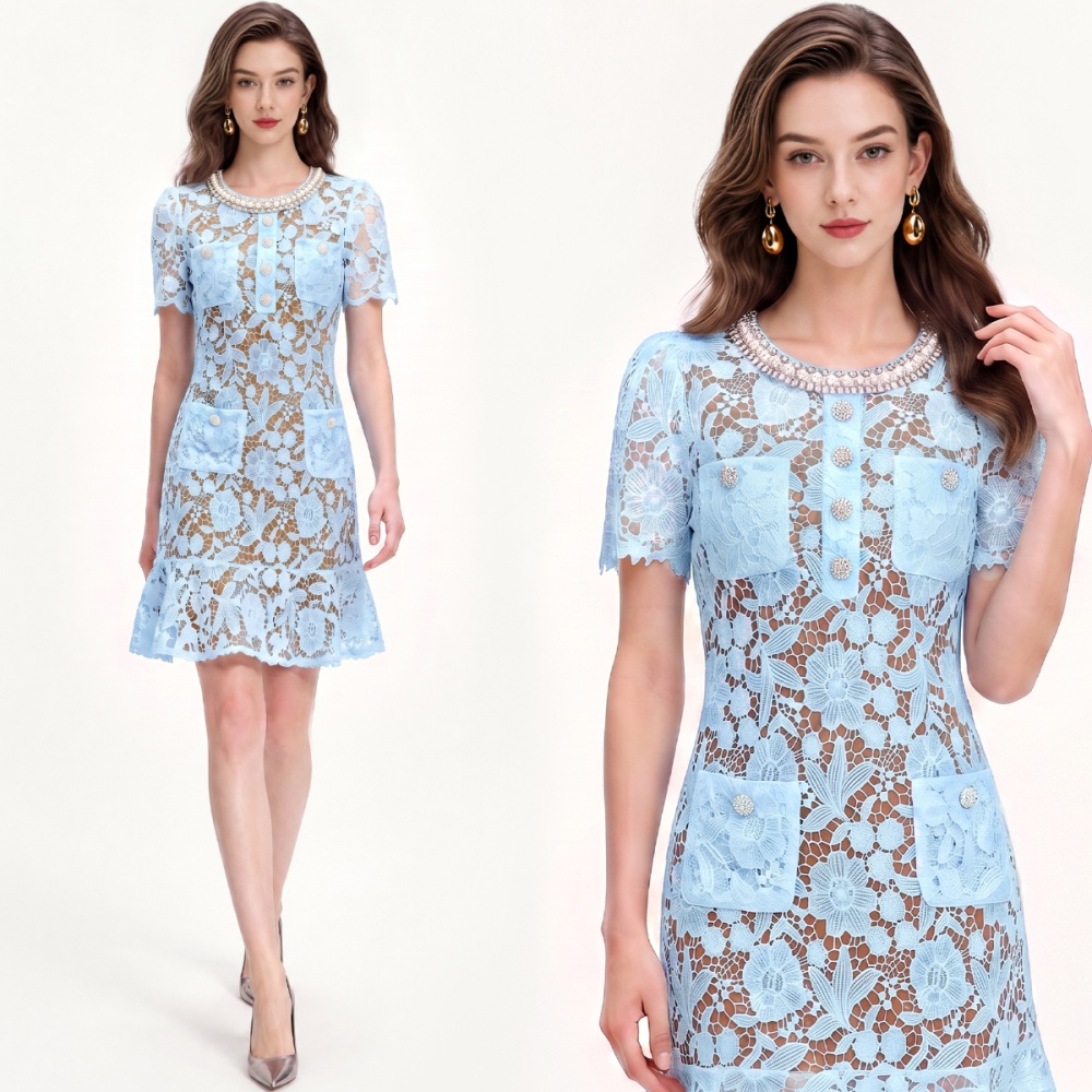Round neck light luxury lotus leaf edges dress for women