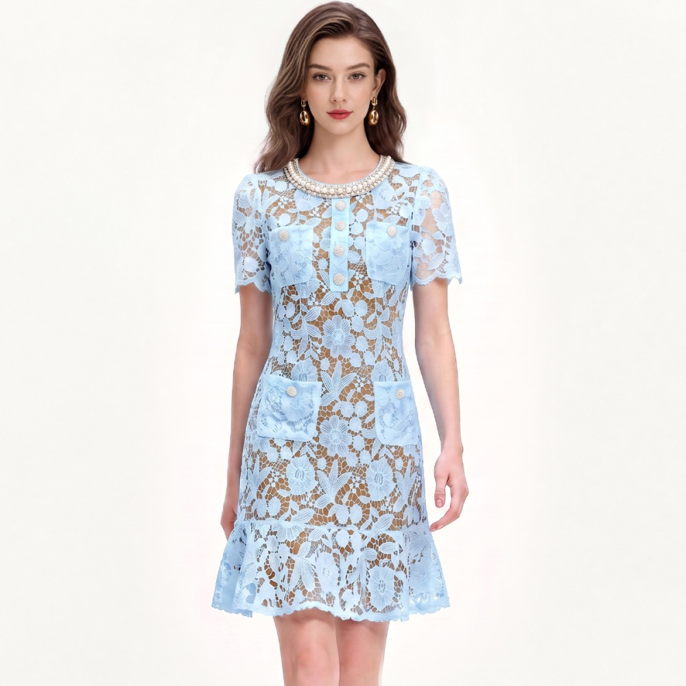 Round neck light luxury lotus leaf edges dress for women