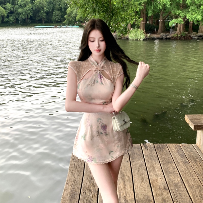 Pinched waist floral dress summer T-back for women