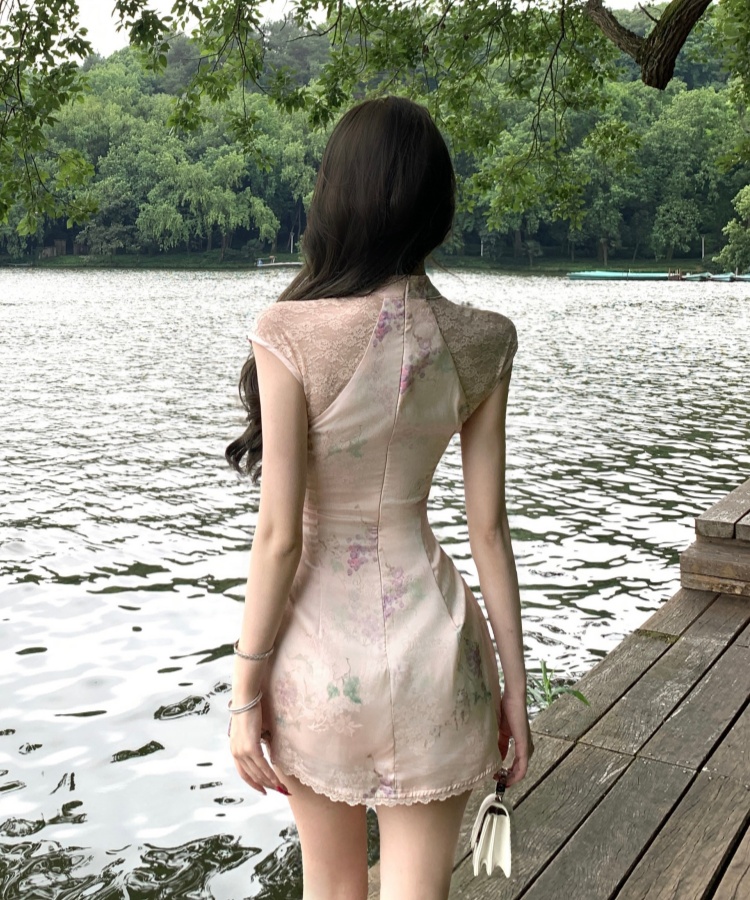 Pinched waist floral dress summer T-back for women