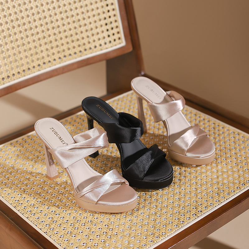 High-heeled satin platform open toe sandals for women