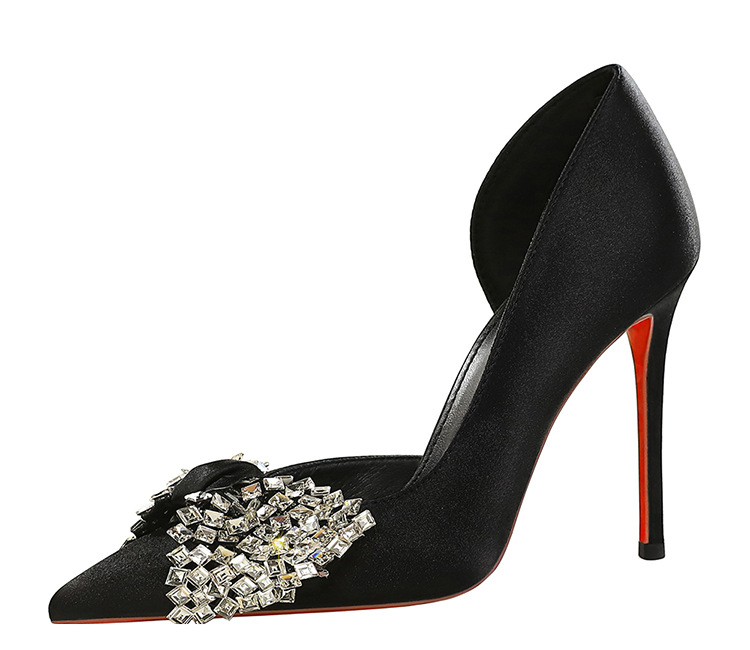 Rhinestone hollow bow high-heeled low sexy pointed shoes