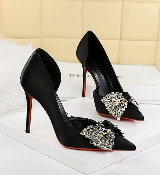 Rhinestone hollow bow high-heeled low sexy pointed shoes