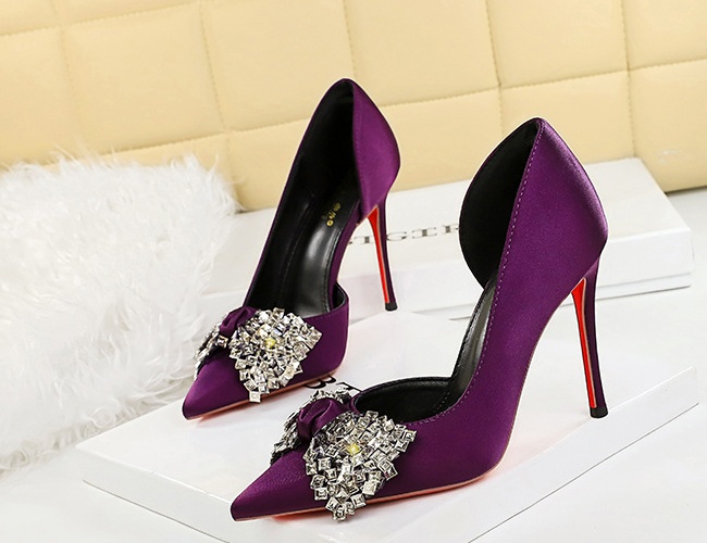 Rhinestone hollow bow high-heeled low sexy pointed shoes