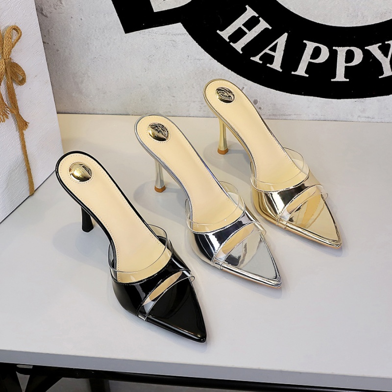 Patent leather open toe slippers high-heeled shoes