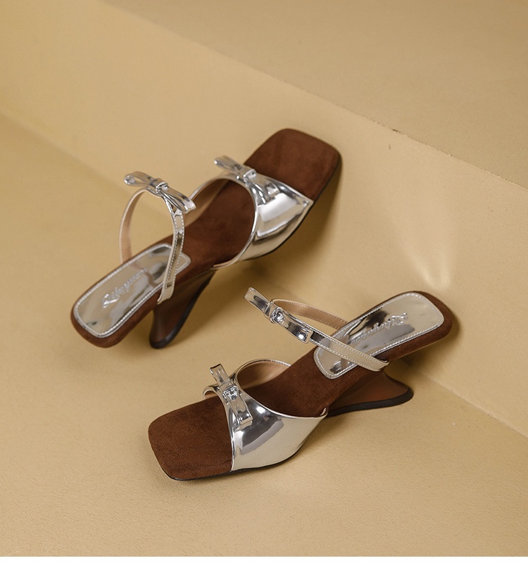 Thick bow lazy shoes high-heeled sandals for women