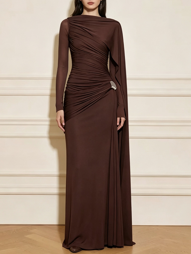 Fold brown banquet shawl light luxury ladies long dress