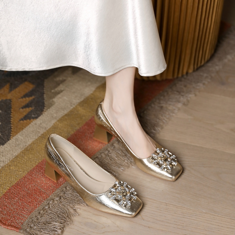 France style low shoes square head side buckle lazy shoes