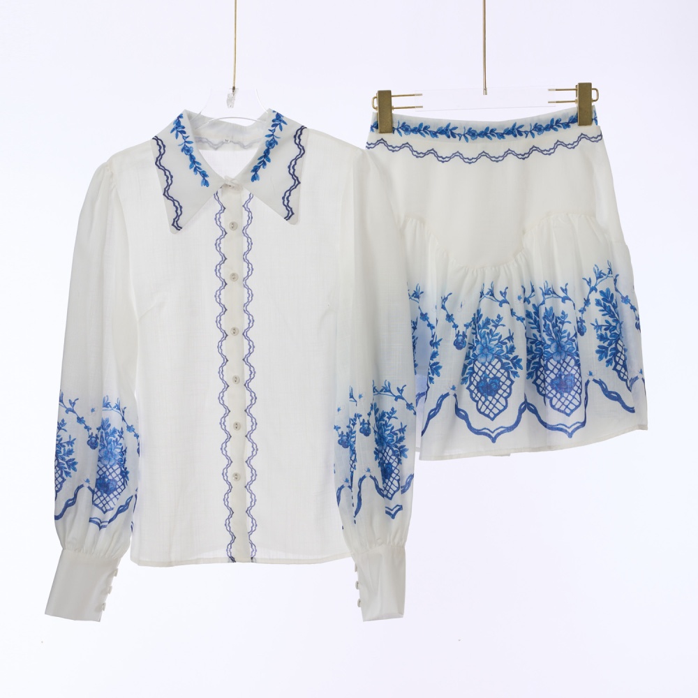 Petal lantern sleeve skirt printing shirt a set