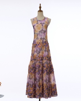 Lotus leaf edges printing dress laminated long dress