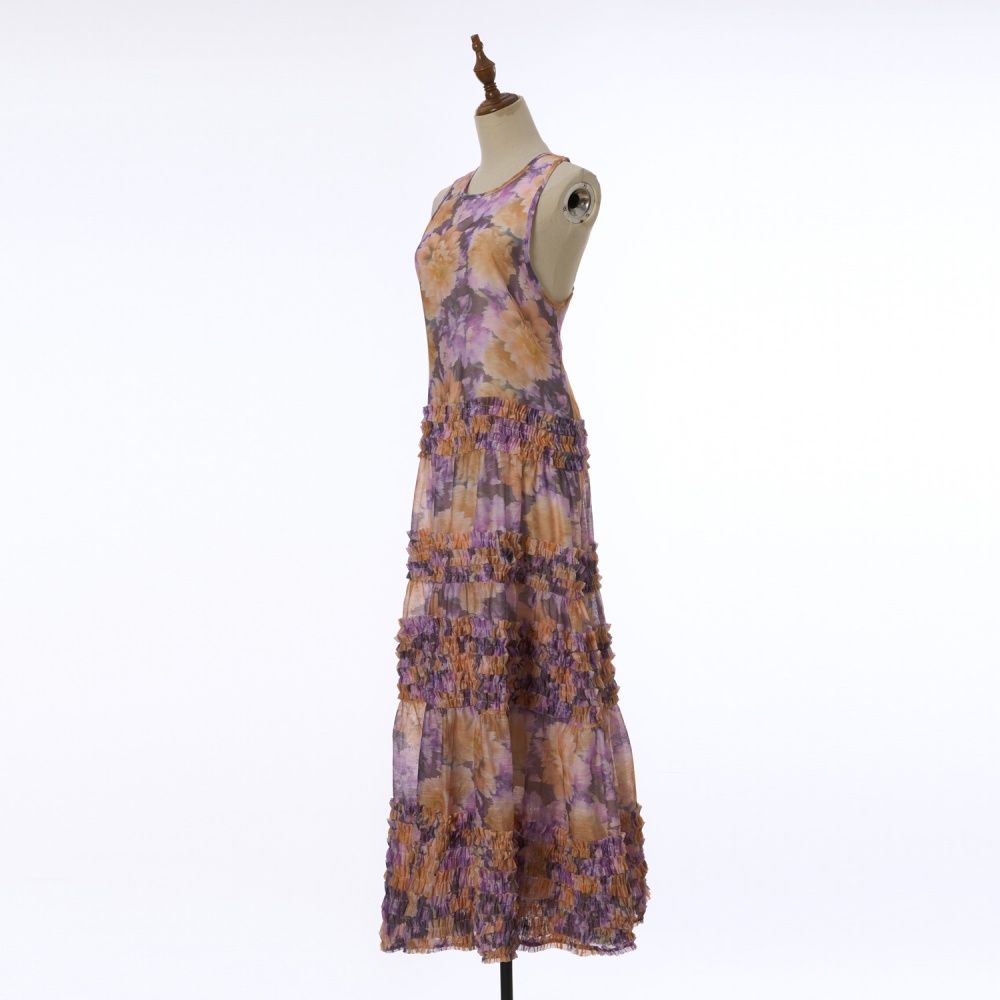 Lotus leaf edges printing dress laminated long dress