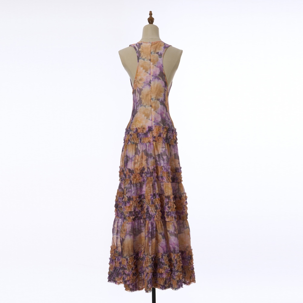 Lotus leaf edges printing dress laminated long dress