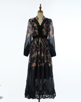 Pinched waist V-neck spring and summer printing dress
