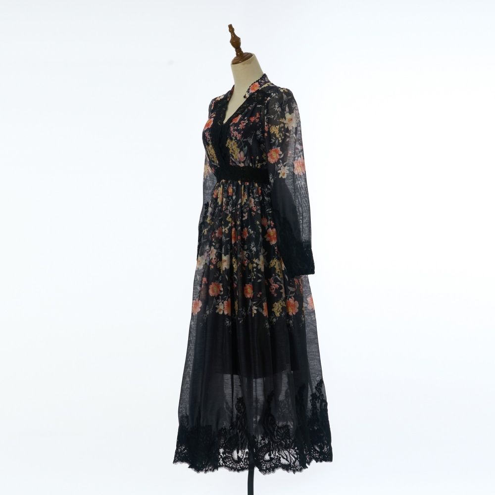 Pinched waist V-neck spring and summer printing dress