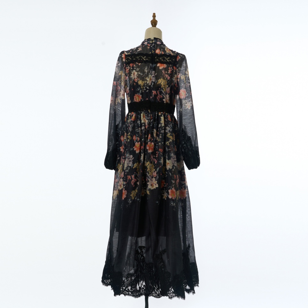 Pinched waist V-neck spring and summer printing dress