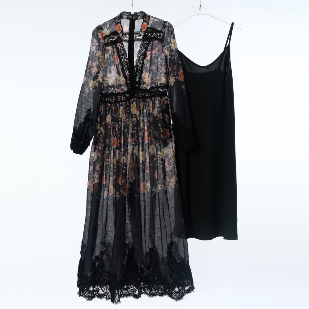 Pinched waist V-neck spring and summer printing dress