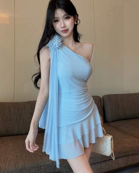 Fold splice pinched waist flowers gauze hem dress