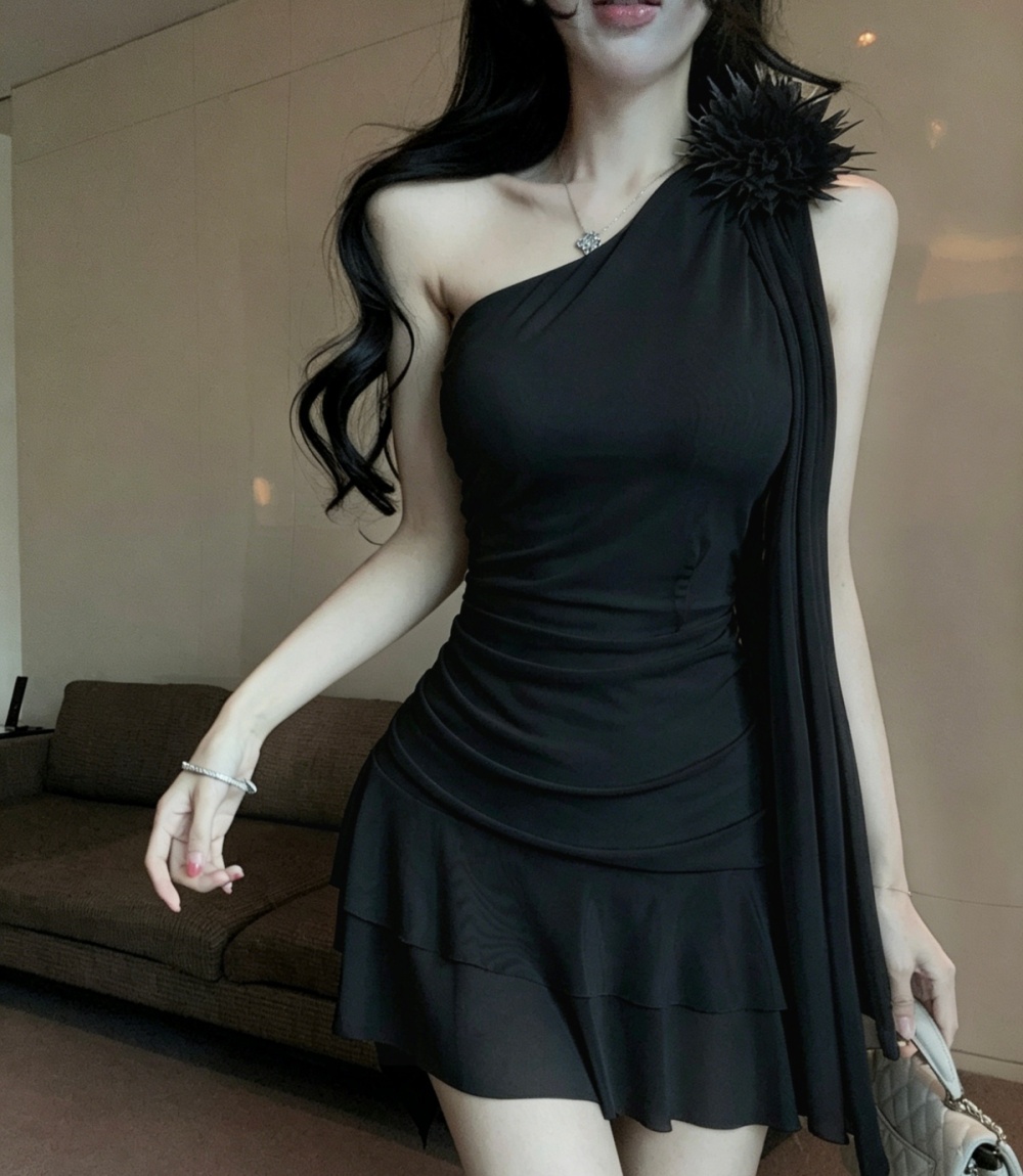 Fold splice pinched waist flowers gauze hem dress
