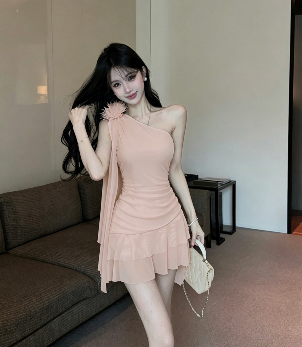 Fold splice pinched waist flowers gauze hem dress