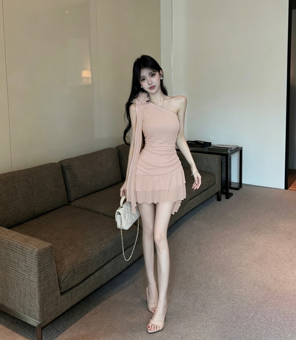 Fold splice pinched waist flowers gauze hem dress