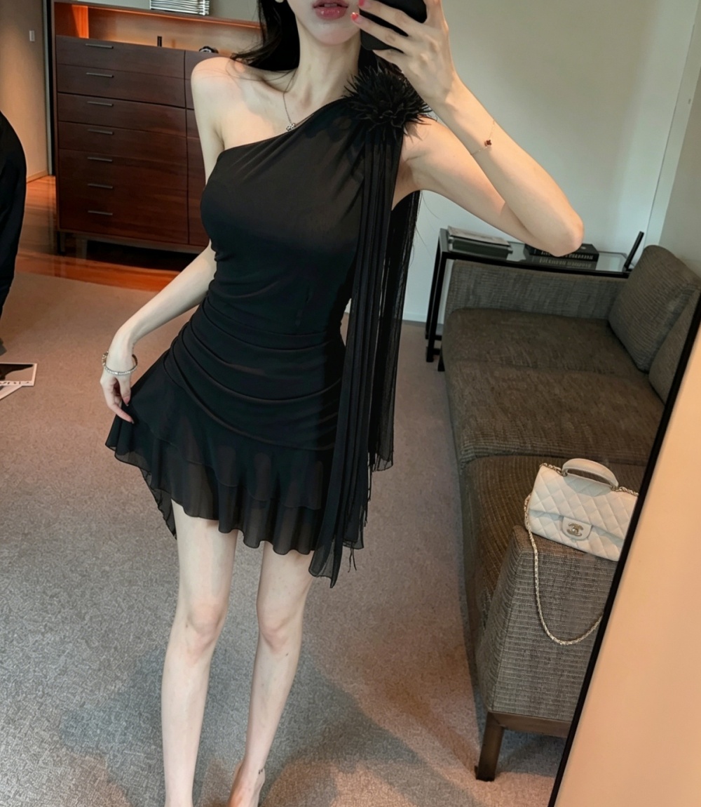 Fold splice pinched waist flowers gauze hem dress