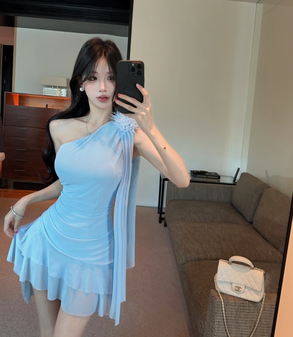 Fold splice pinched waist flowers gauze hem dress