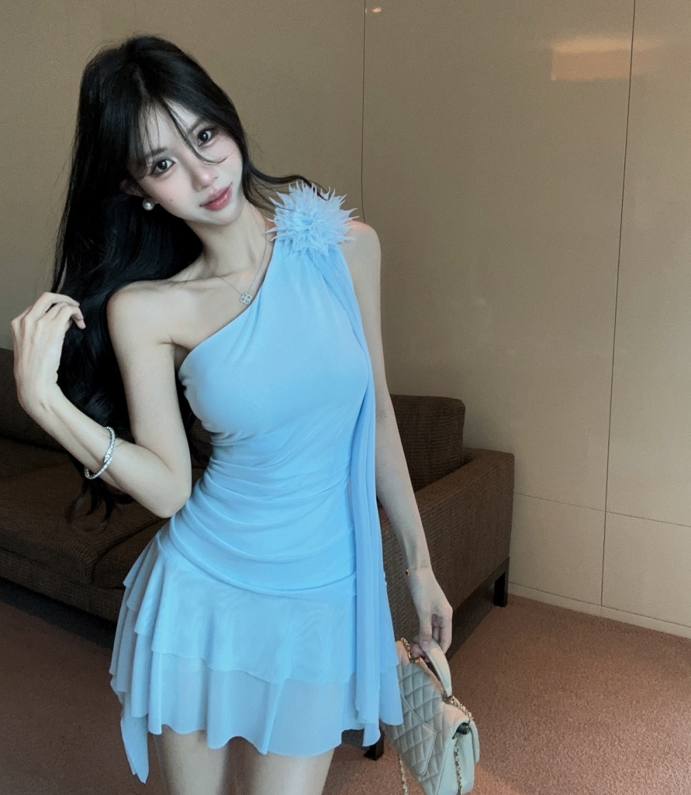 Fold splice pinched waist flowers gauze hem dress