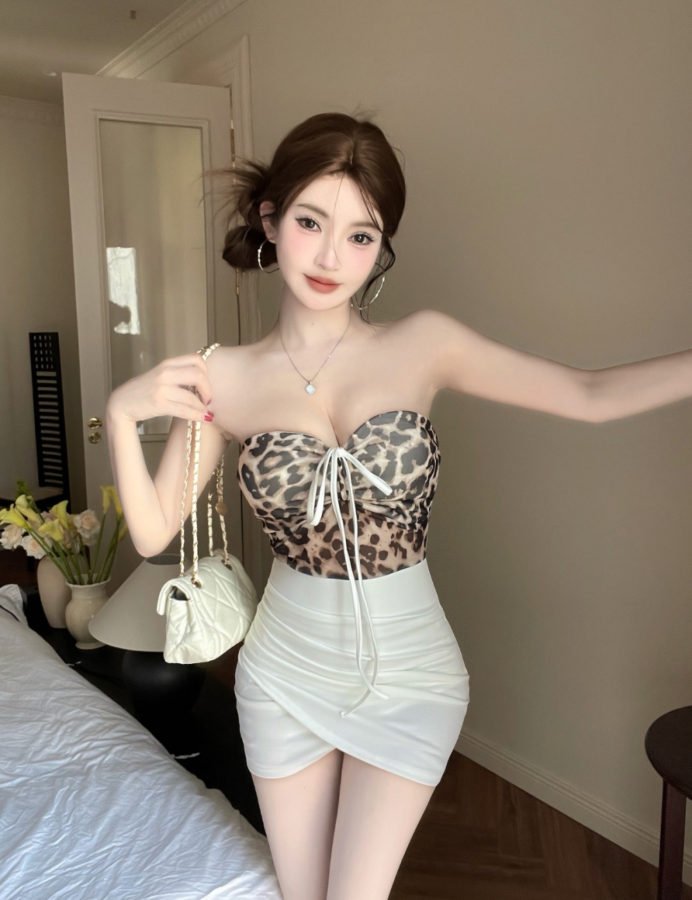 Bottoming short sling leopard package hip dress