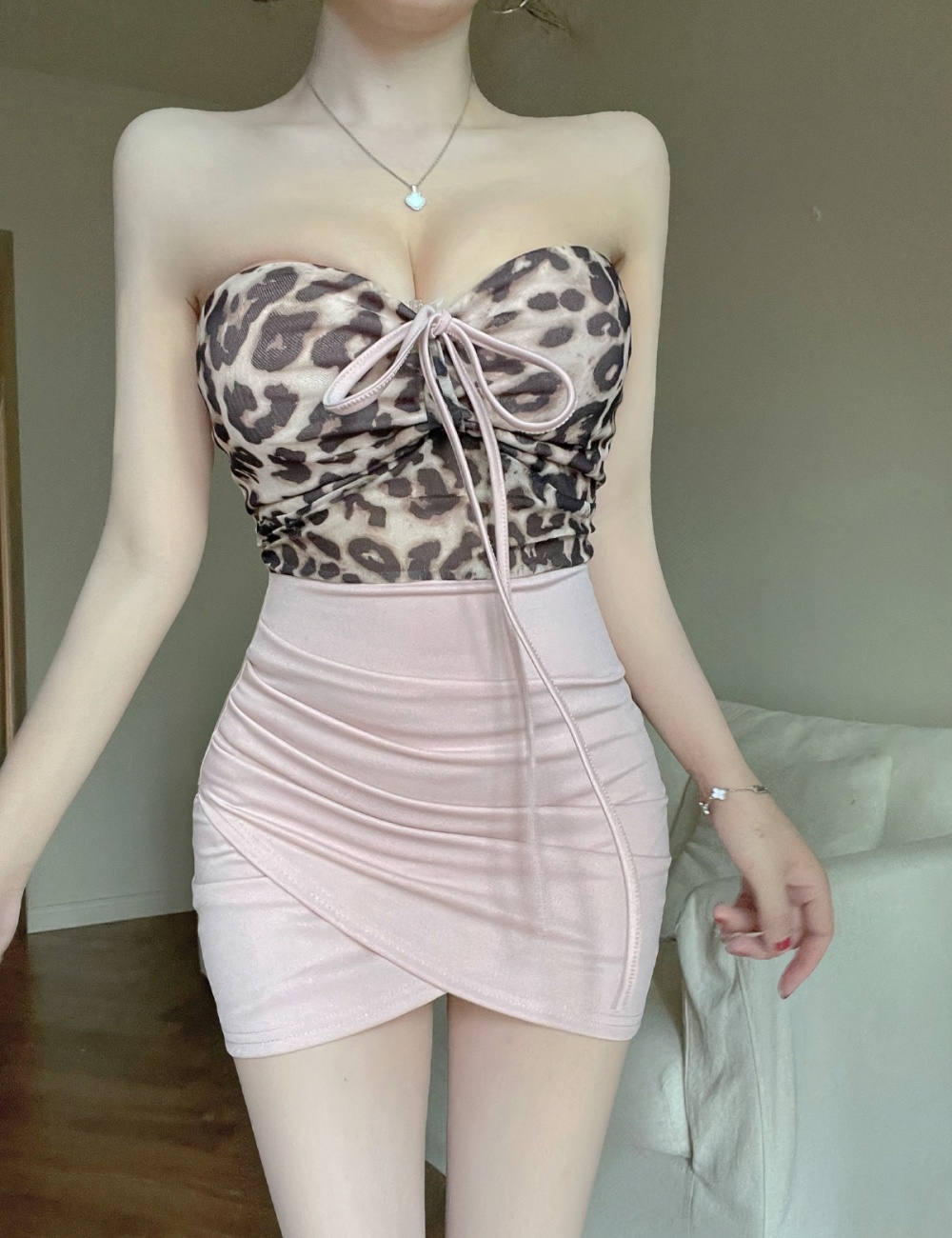 Bottoming short sling leopard package hip dress