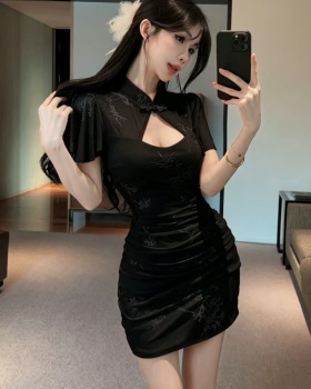 Sexy hollow slim cheongsam overalls short retro dress