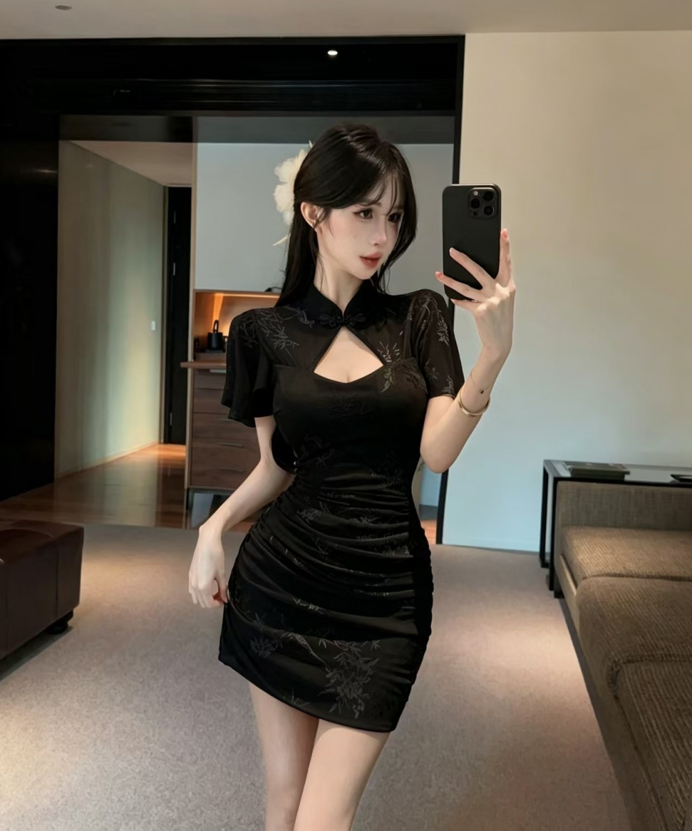 Sexy hollow slim cheongsam overalls short retro dress