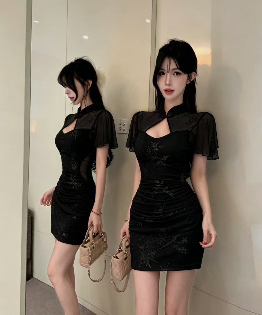 Sexy hollow slim cheongsam overalls short retro dress