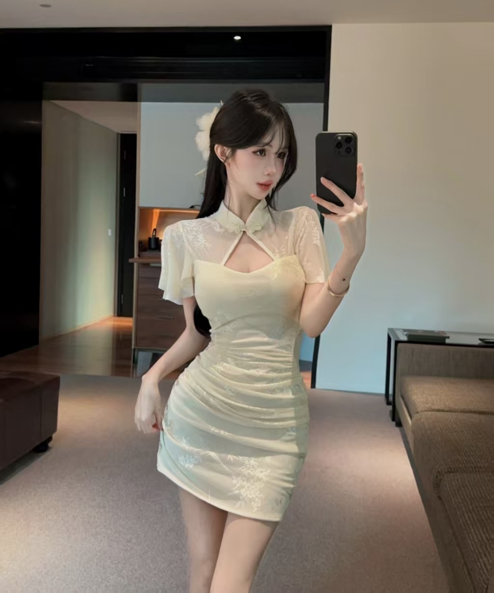 Sexy hollow slim cheongsam overalls short retro dress