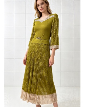 Fold lace sequins dress loose splice formal dress