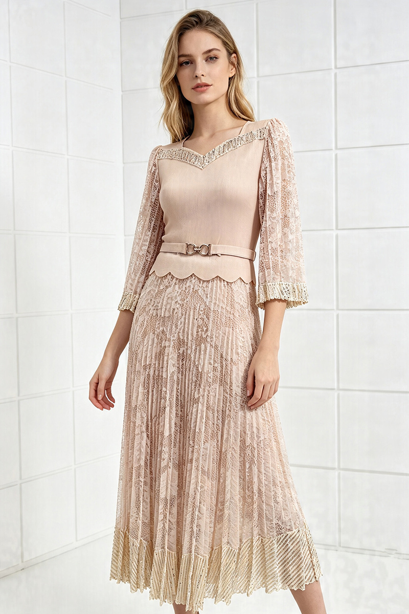 Fold lace sequins dress loose splice formal dress