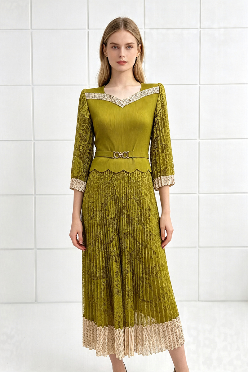 Fold lace sequins dress loose splice formal dress