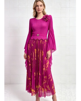 Printing pleated fold long dress loose slim dress for women