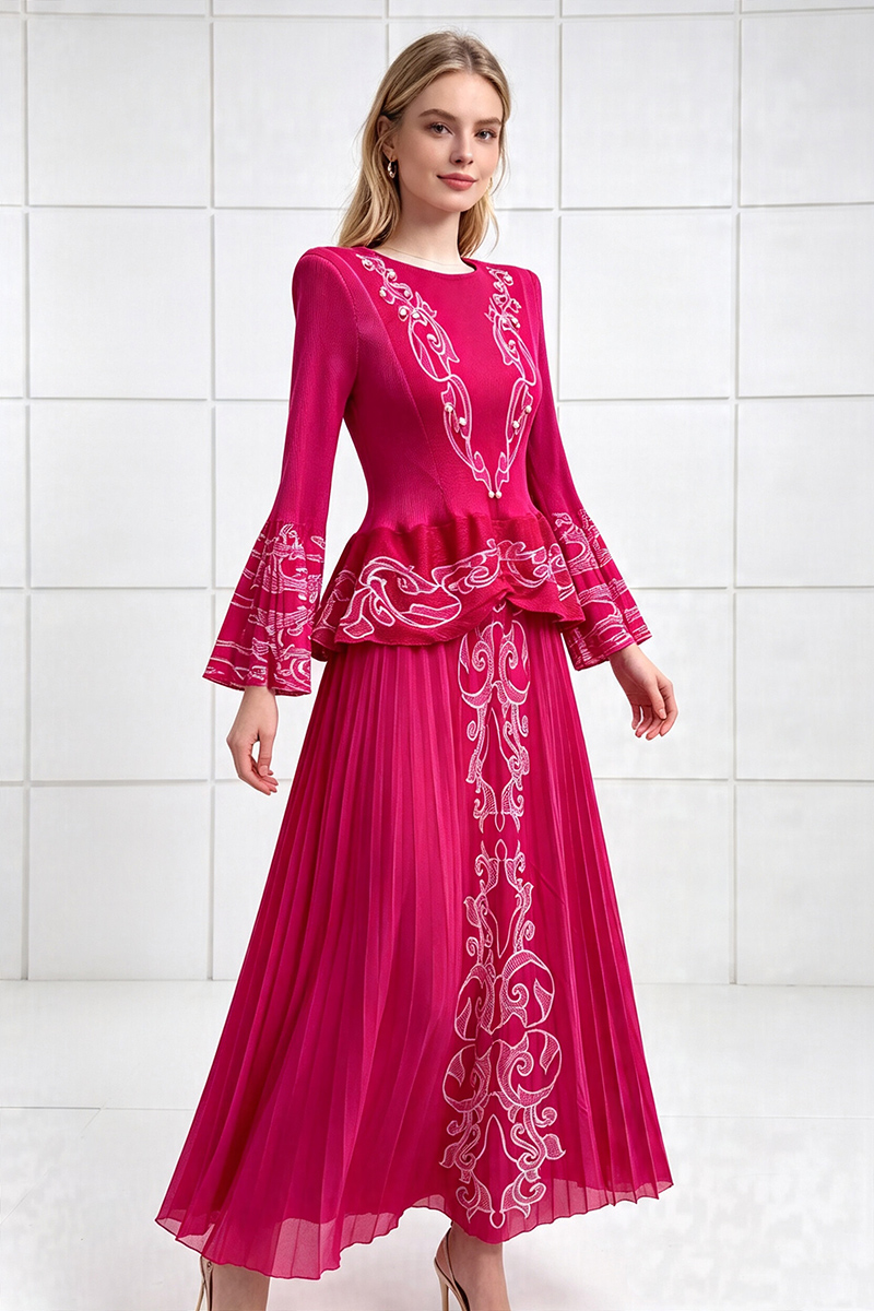 Pleated printing tops trumpet sleeves dress a set
