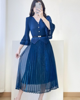 Wood ear pleated long dress temperament slim dress