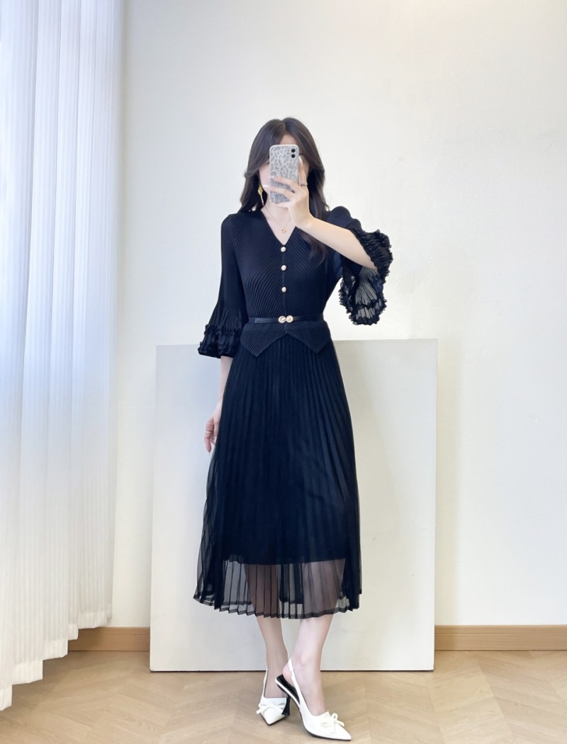 Wood ear pleated long dress temperament slim dress