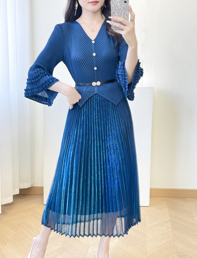 Wood ear pleated long dress temperament slim dress