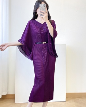 Sequins slim pinched waist long dress fold loose dress
