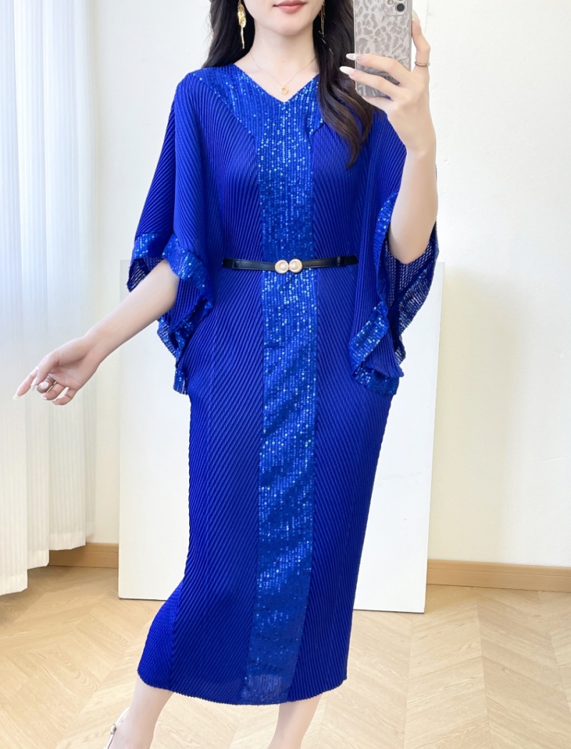 Sequins slim pinched waist long dress fold loose dress