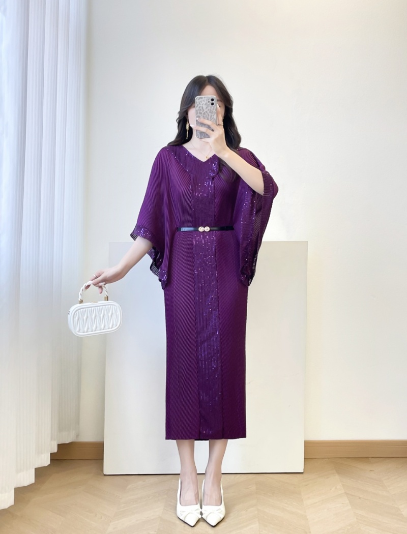 Sequins slim pinched waist long dress fold loose dress