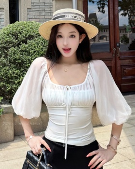 Pseudo-two chiffon stitching lantern sleeve thin tops